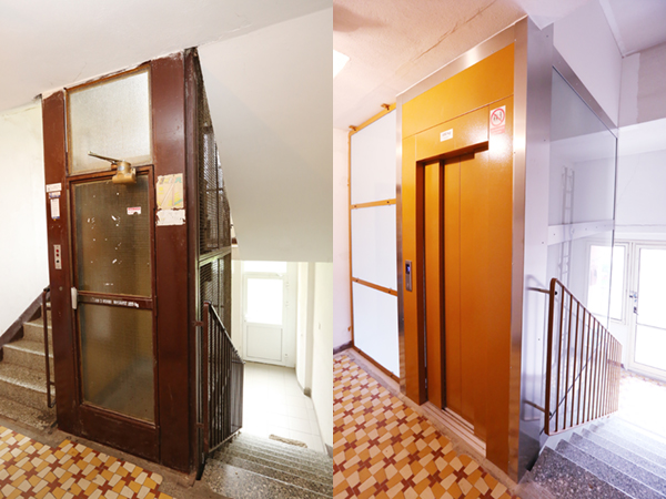 Fotka výtahu před a po rekonstrukci